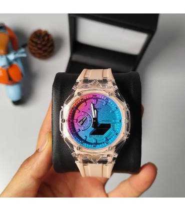 ساعت جیشاک G-SHOCK مدل۲۱۰۰ کریستالی رنگین کمانی صورتی